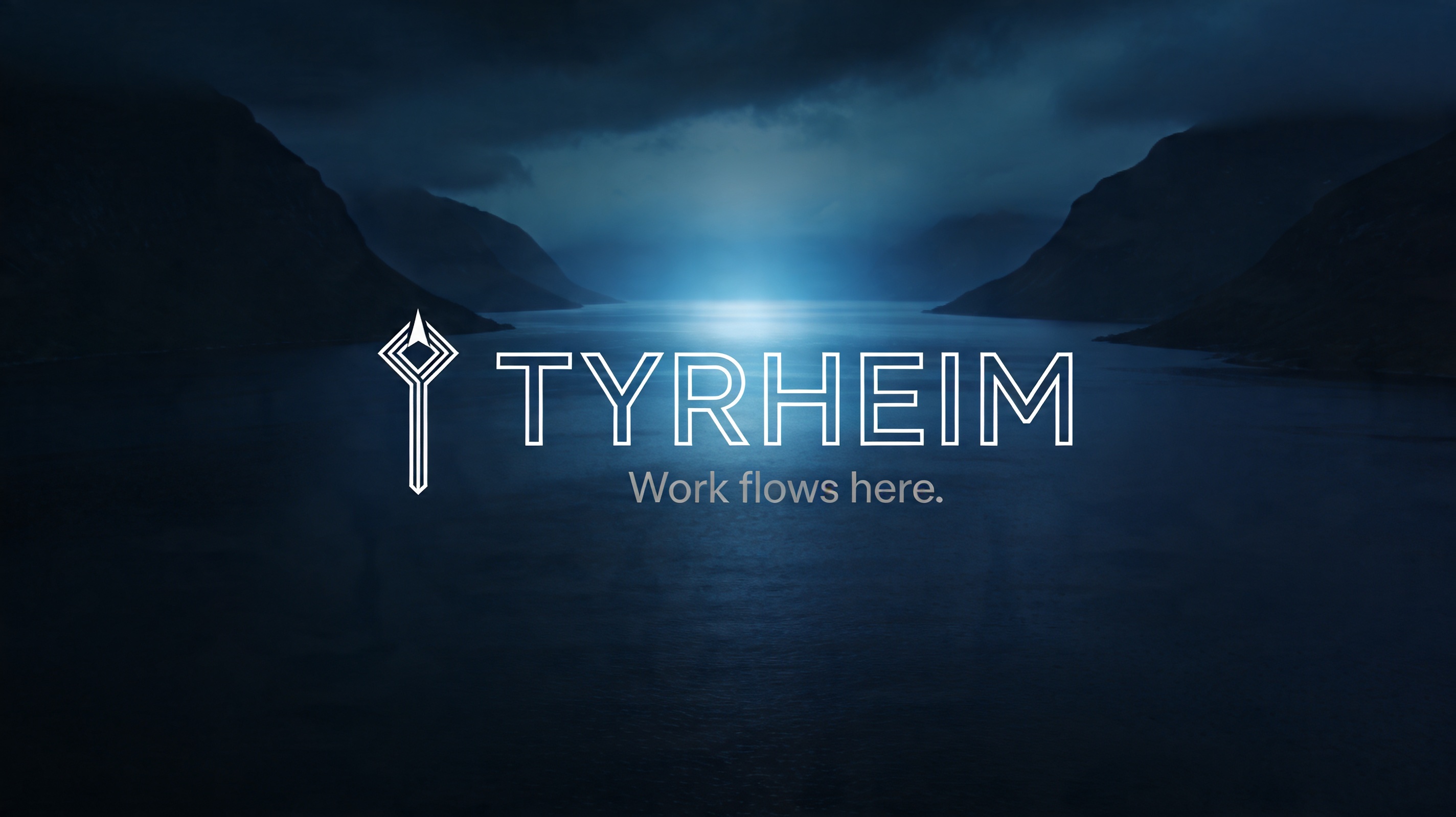 Wide TYRHEIM brand image with rune and wordmark against a Nordic fjord landscape